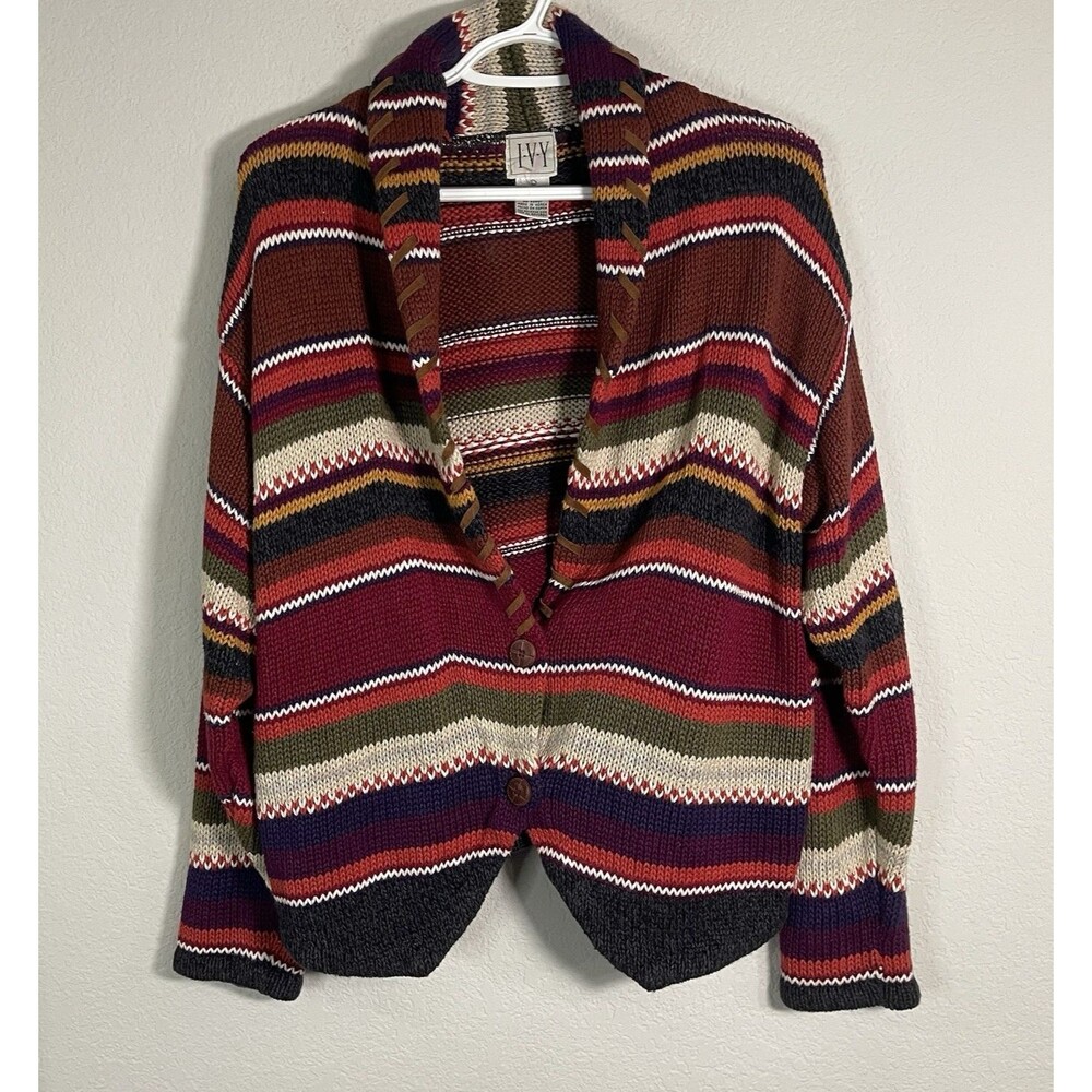 Vintage IVY Hand Knit Cardigan Sweater Womens L Ramie Cotton 90s Boho Suede Trim